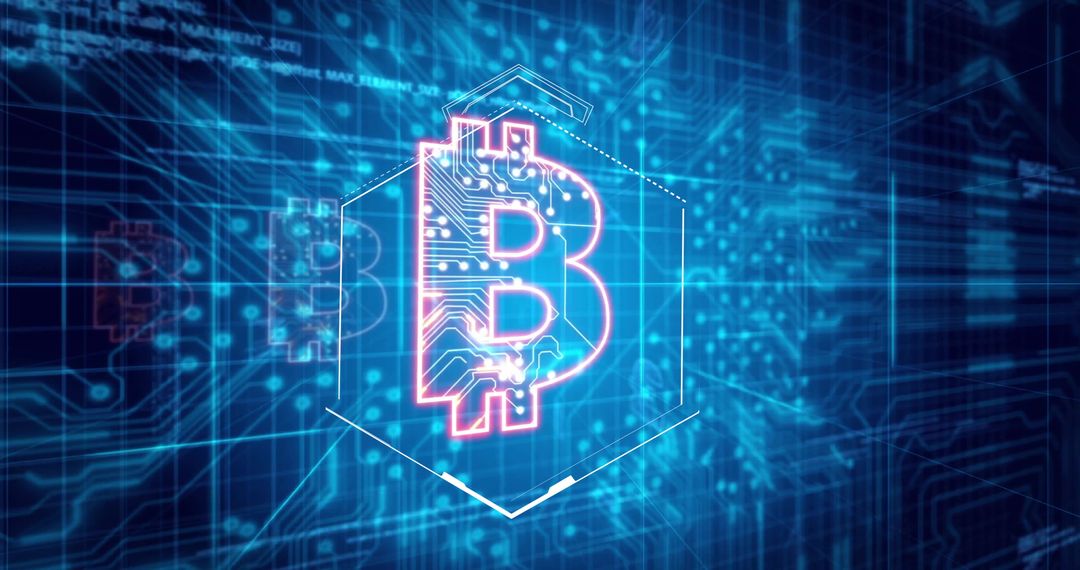 Neon Bitcoin Symbol in Futuristic Digital Grid