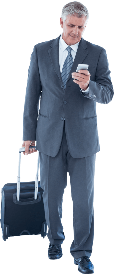 Caucasian Businessman with Smartphone and Suitcase Transparent Background