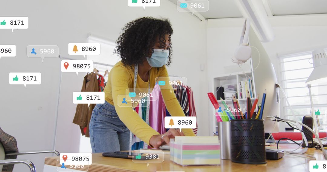 Professional Designer Engaging in Creative Workspace with Technology Icons Overlay