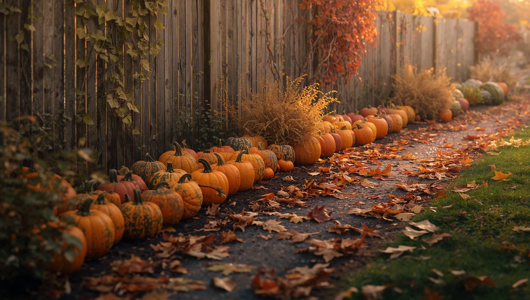 Rustic Backyard Path with Pumpkins and Autumn Leaves
