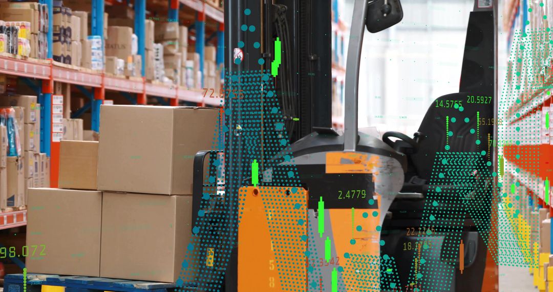 Orange electric forklift loading boxes in warehouse with inventory analytics overlay