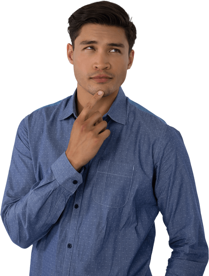Transparent Thoughtful Man in Blue Shirt Touching Chin