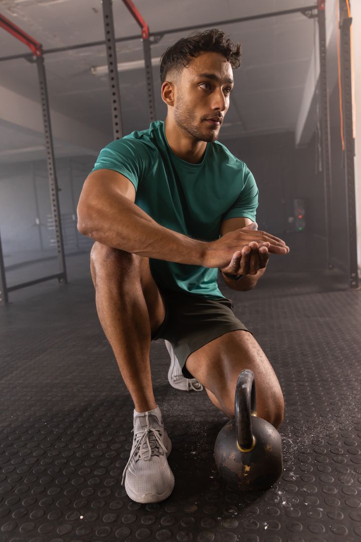 Focused Individual Preparing for Kettlebell Training Session
