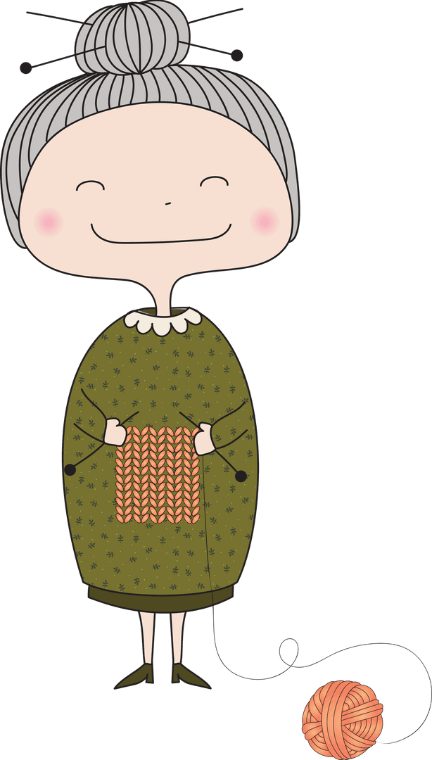 Illustrated Grandma Knitting with Joy on Transparent Background