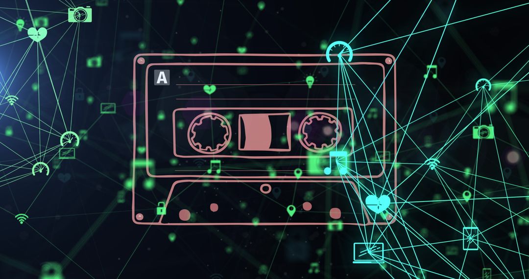 Retro VCR Neon Tape Blends with Digital Networking Icons