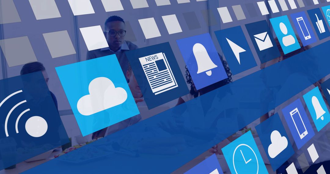 Team Collaborating with Emerging Technology and App Icons Overlay