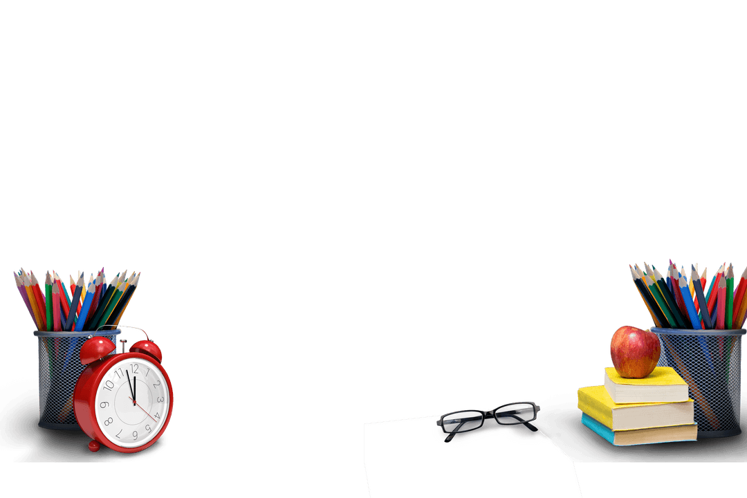 Transparent Desk Organizer with Clock and Books on White Background