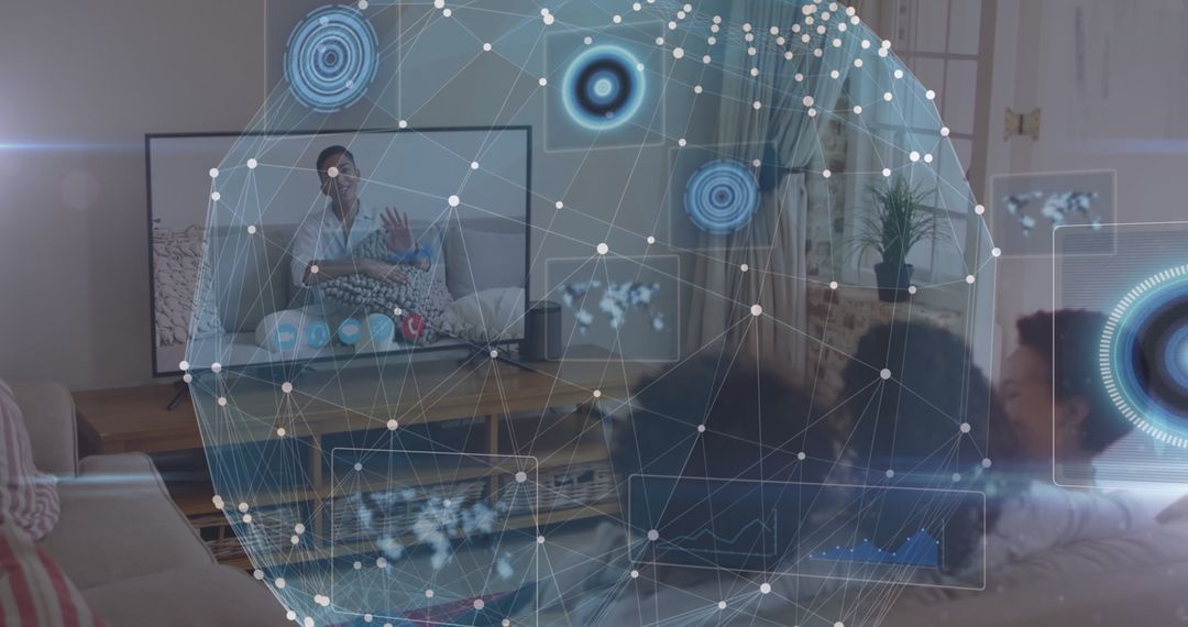 Family Enjoying Smart Home Video Call with Futuristic Tech Overlay