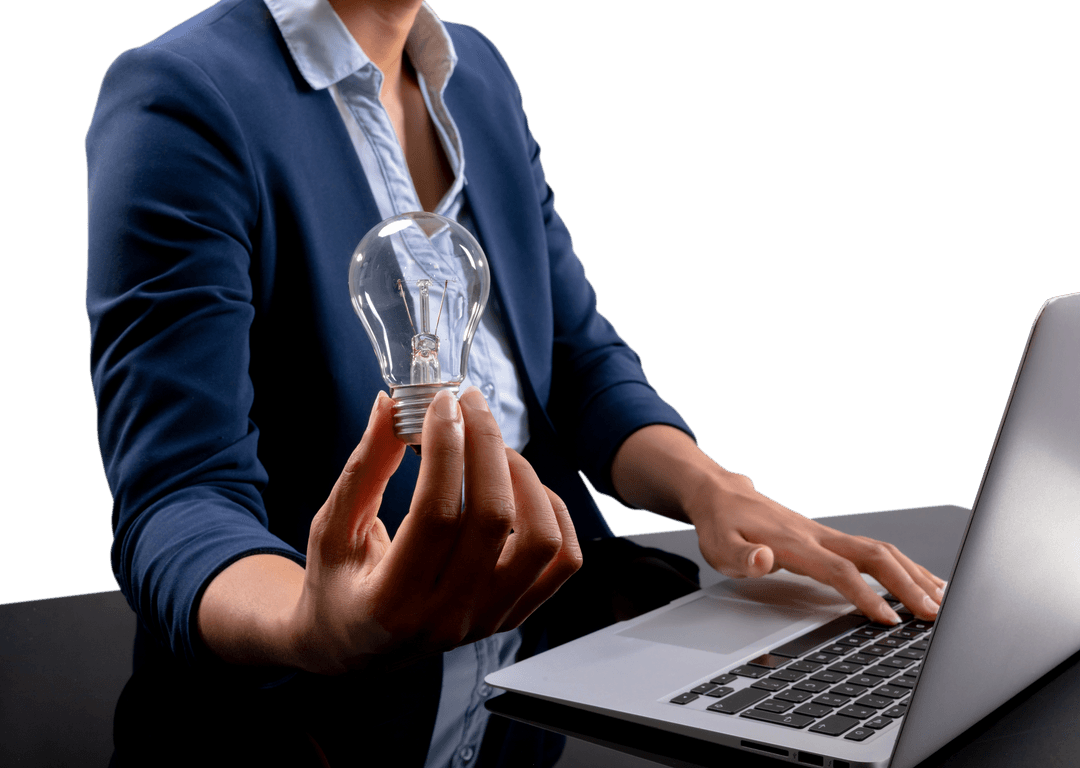 Transparent Businesswoman Innovating with Light Bulb and Laptop