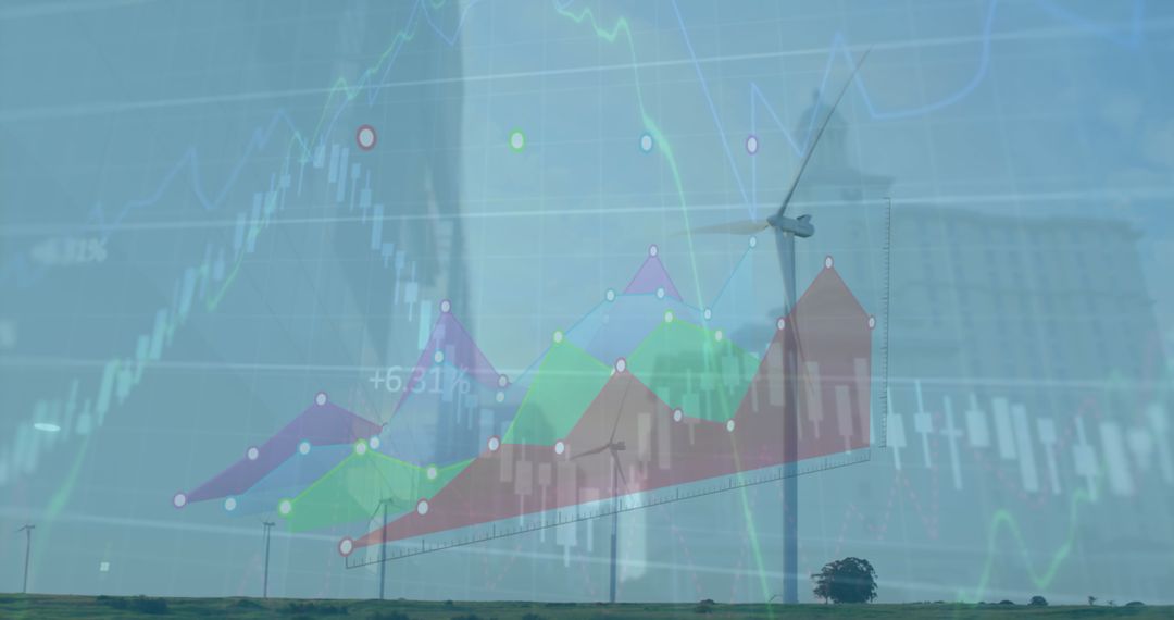 Renewable Energy Concept with Financial Graphs and Wind Turbine