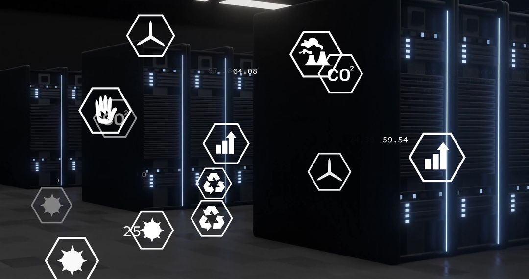 Advanced Data Center with Glowing Server Rack and Digital Tech Icons