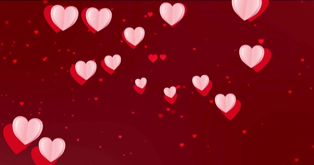 Floating Pink and Red Hearts on Dark Red Background