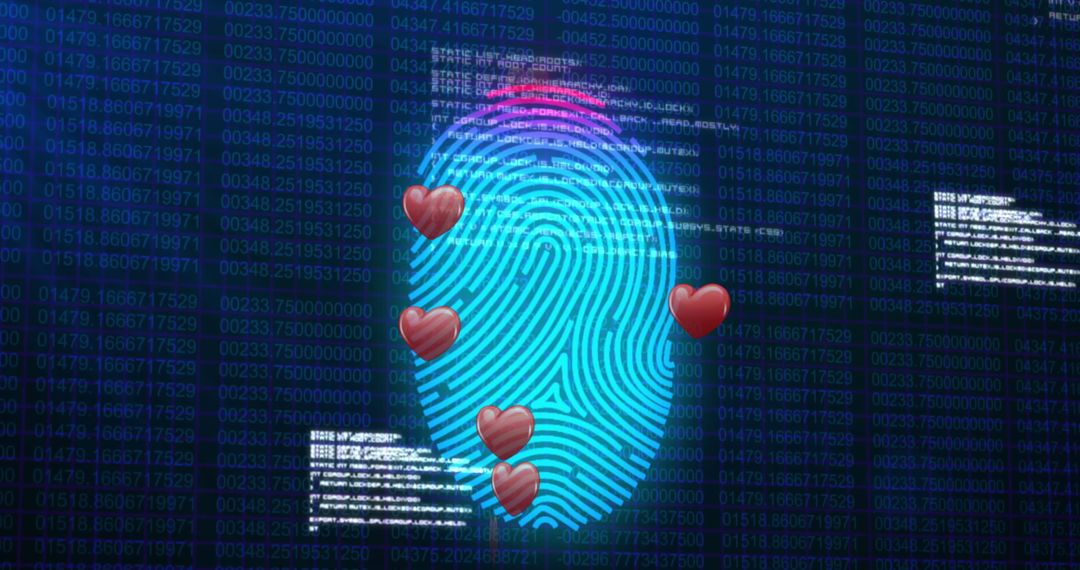 Biometric Fingerprint with Heart Icons on Digital Interface