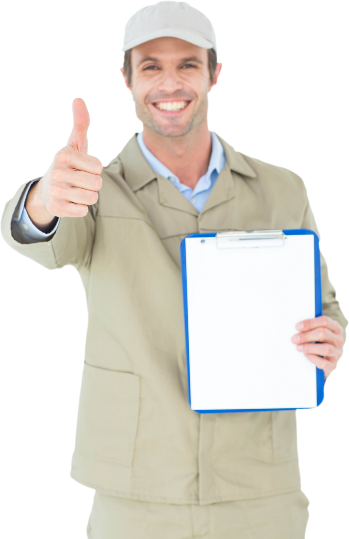 Transparent Happy Delivery Man Gesturing Thumbs Up with Blank Clipboard - Download Free Stock Images Pikwizard.com