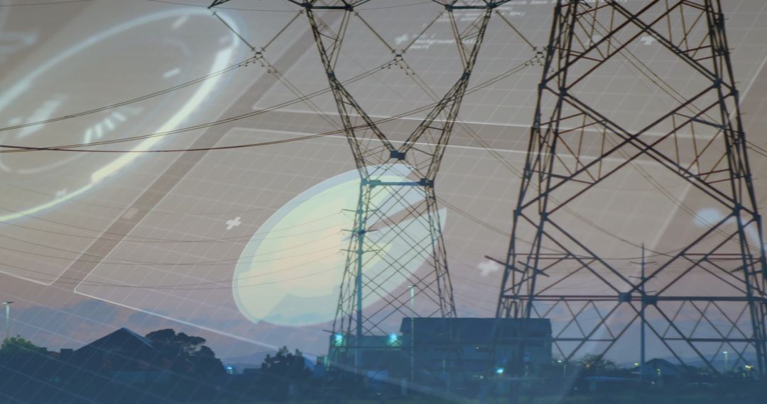 Futuristic Power Lines with Digital Grid Overlay