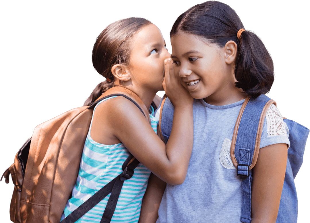 Two Schoolgirls Gossiping and Laughing in Transparent Background