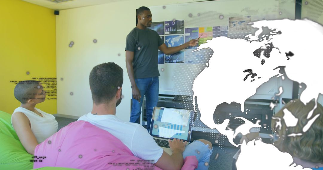 Team Presenting Data Visualization with World Map Overlay in Casual Creative Workspace