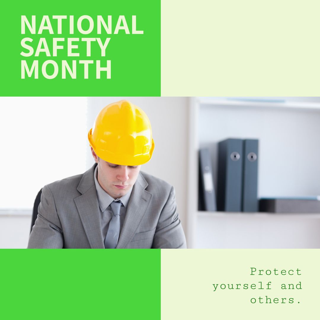 Businessman Wearing Hard Hat Promoting National Safety Month - Download Free Stock Templates Pikwizard.com