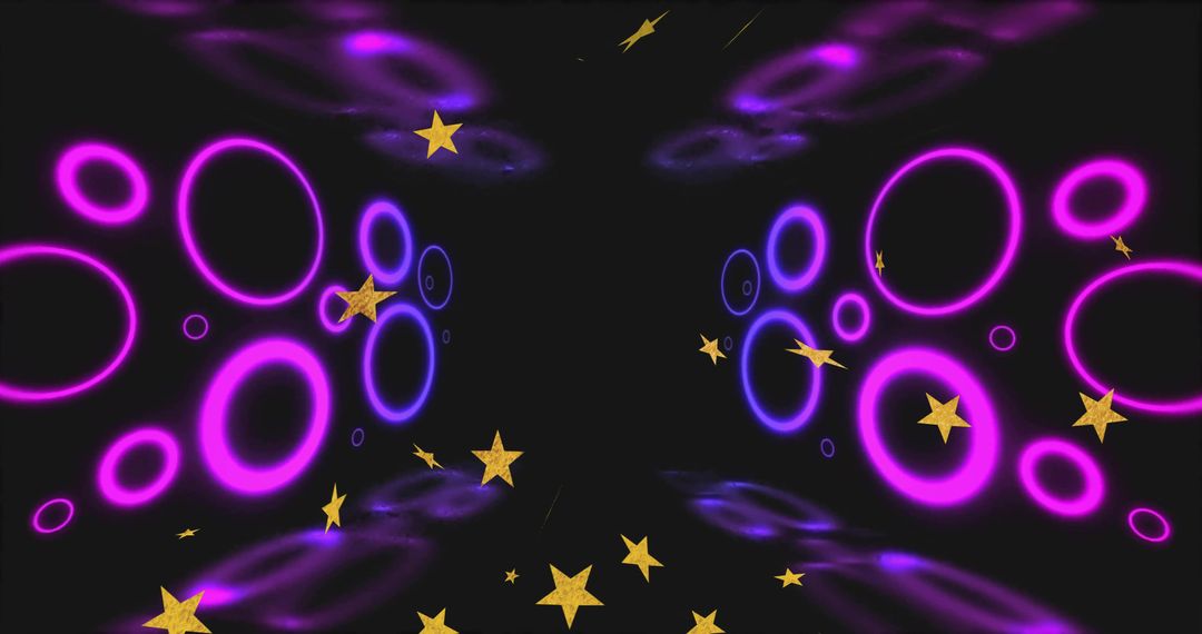 Glowing Magenta and Violet Neon Ring Tunnel with Floating Gold Stars and Symmetrical Depth