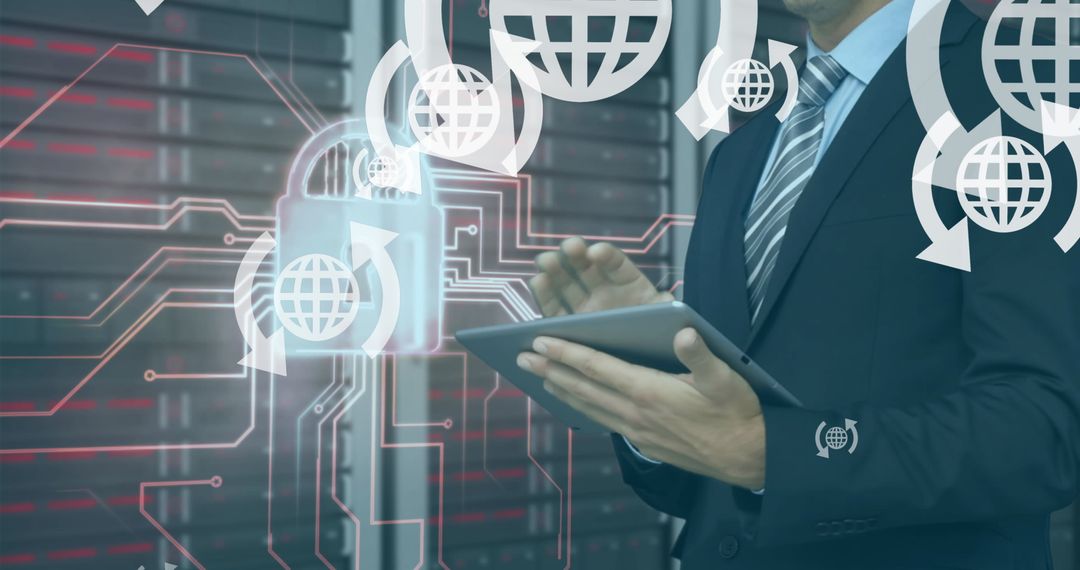 Businessman Using Tablet in Data Center with Cybersecurity Icons