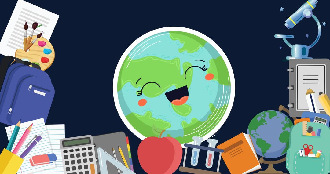 Smiling Globe Surrounded by Educational Items Illustrating Global Learning