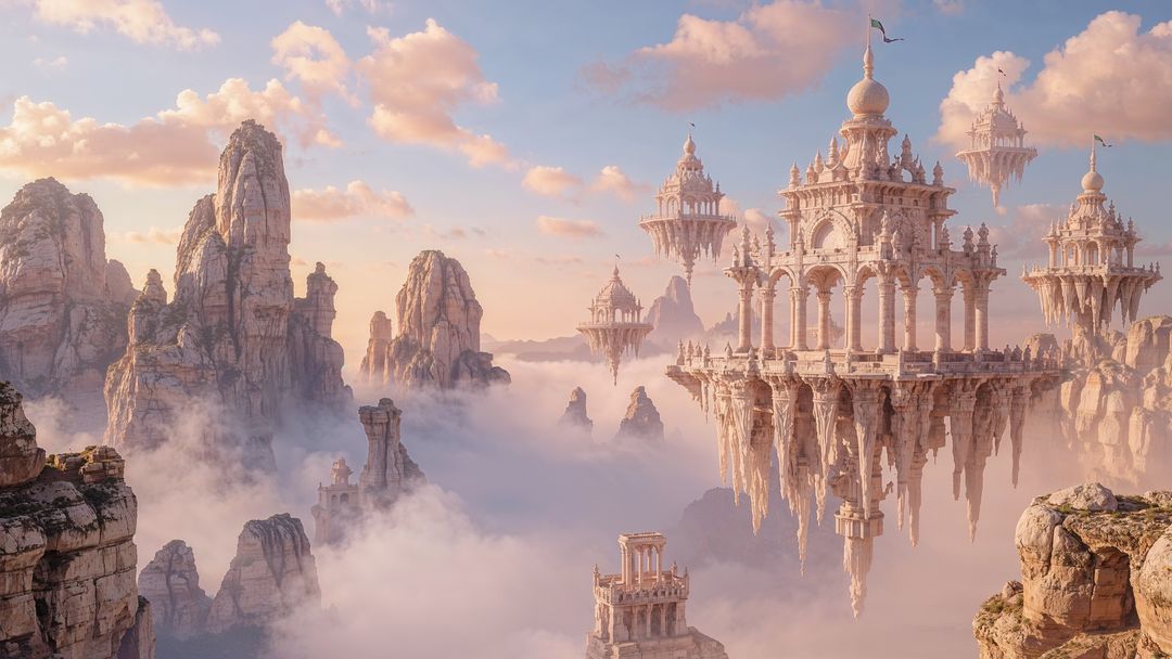 Ethereal Floating Palace in Misty Fantasy Landscape
