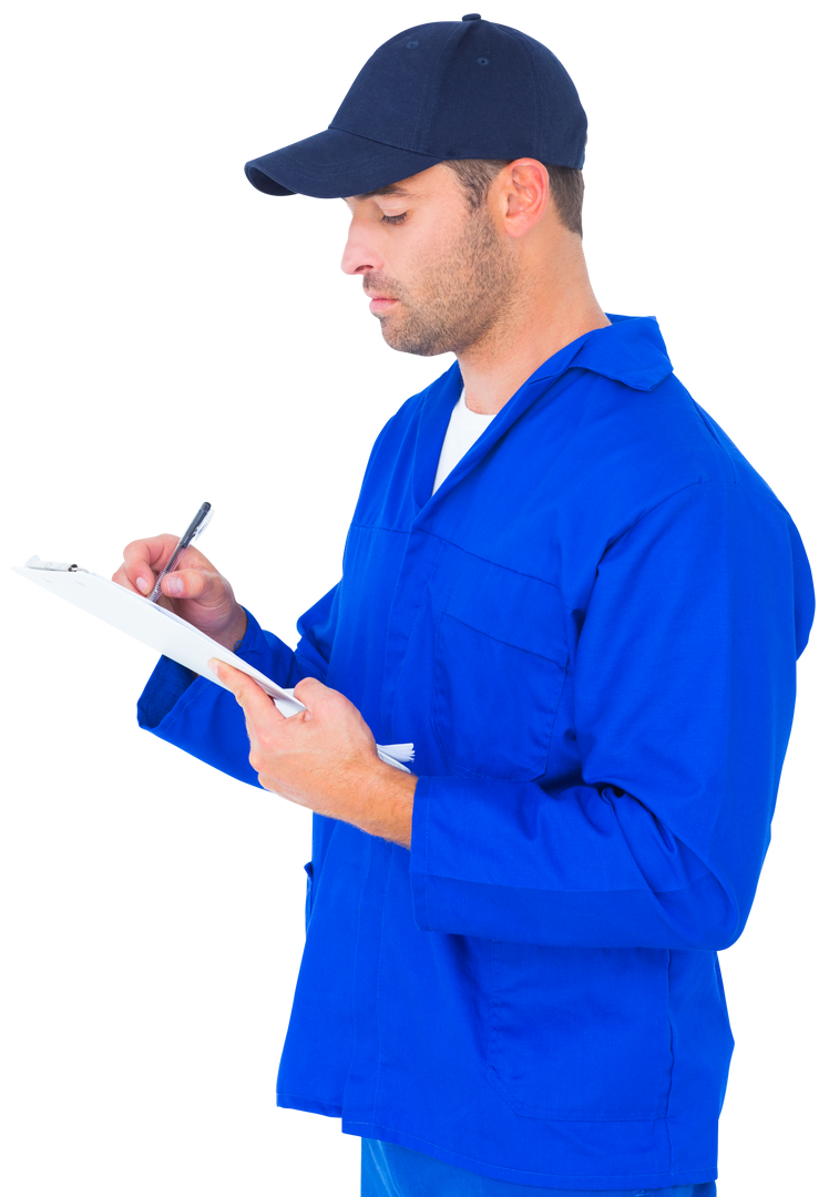 Male Mechanic In Blue Uniform Writing on Transparent Background - Download Free Stock Images Pikwizard.com