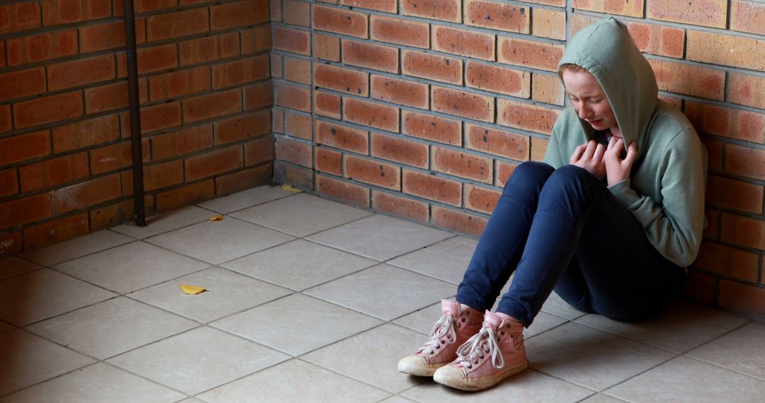 A young Caucasian girl sits on the floor against a brick wall, looking distressed, with copy space - Free Images, Stock Photos and Pictures on Pikwizard.com