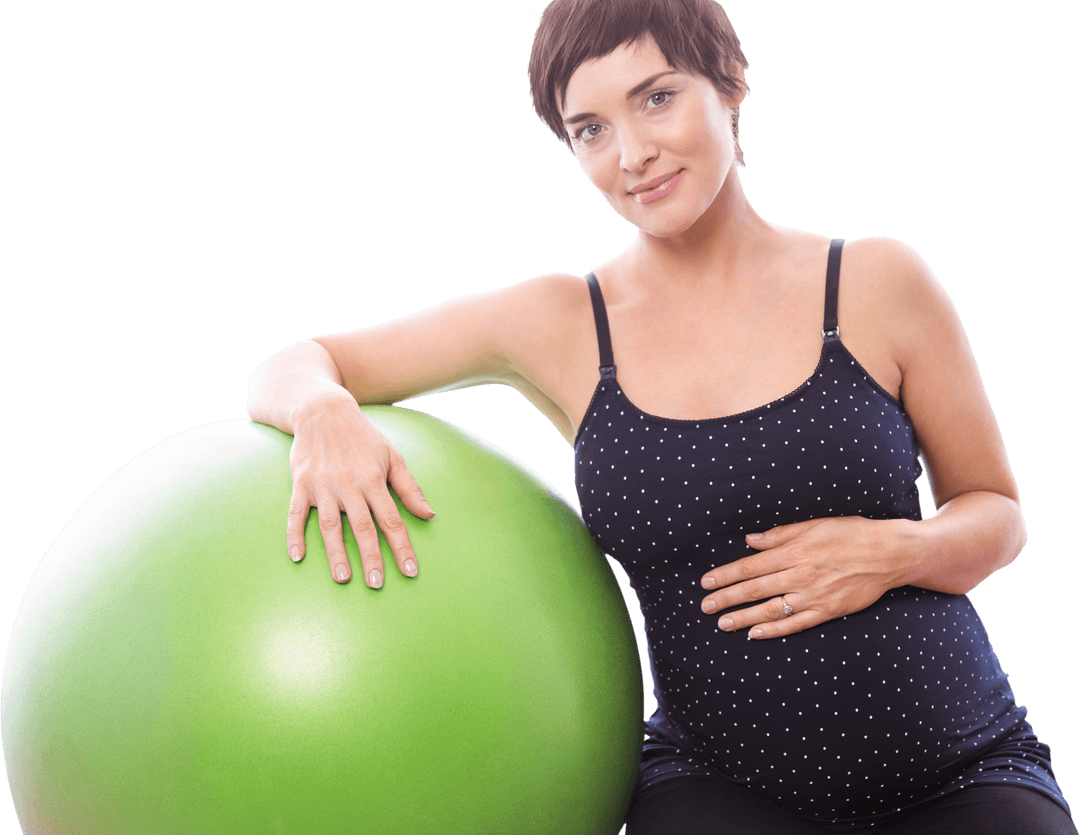 Transparent Pregnant Woman with Exercise Ball Smiling