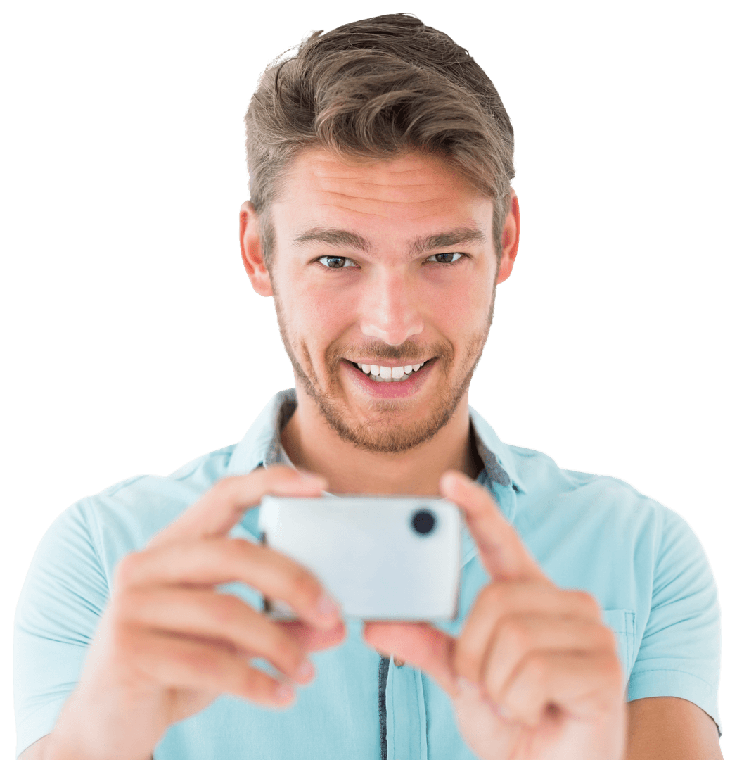 Smiling Young Man Taking Photo with Smartphone on Transparent Background