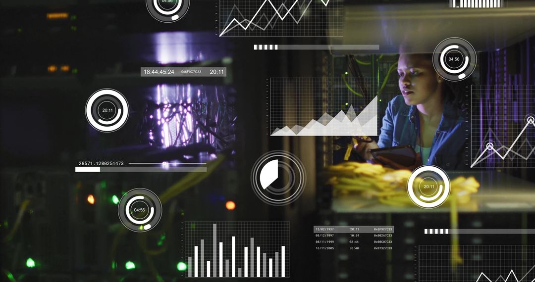 IT Technician with Tablet Scanning Servers Surrounded by Futuristic Data