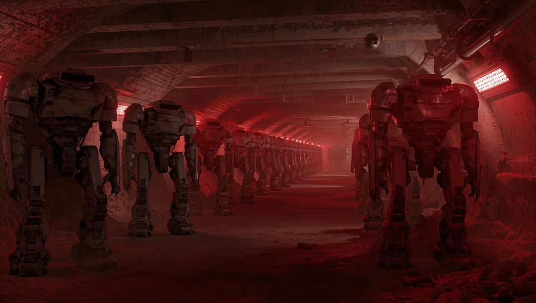 Futuristic Mech Suits Lined in Underground Corridor with Red Lighting