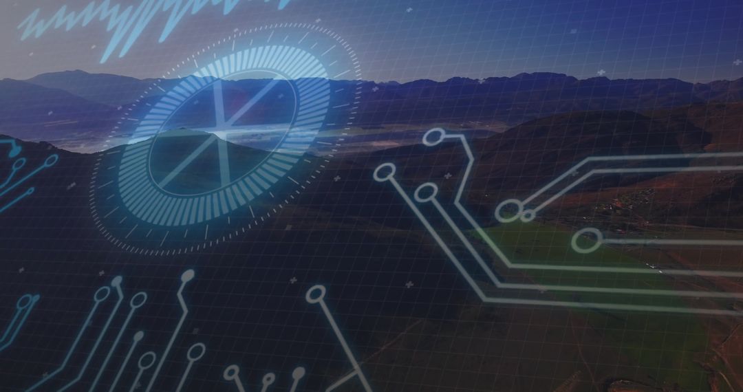 Futuristic Interface Overlays Circuit Technology on Mountain Landscape