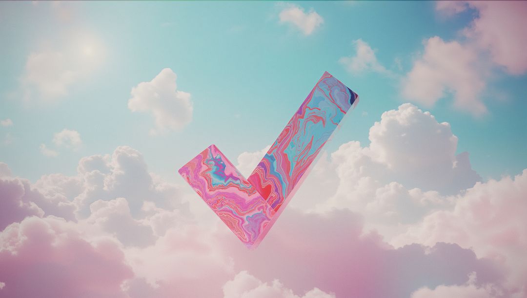 Vibrant 3D Checkmark Floating Among Soft Pastel Clouds