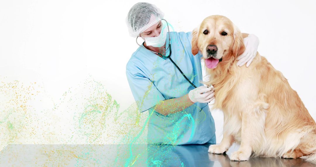 Veterinarian Examining Golden Retriever with Stethoscope in Clinic