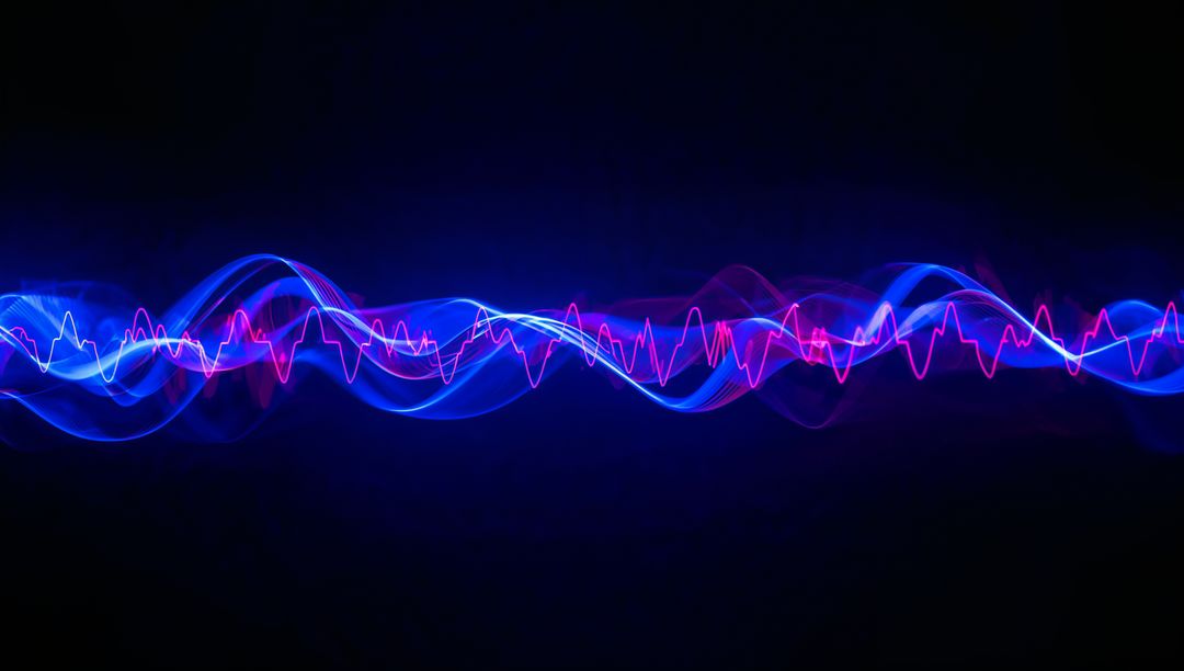 Neon Waveform Ribbons in Blue and Magenta Tracing Dynamic Audio Frequency Lines