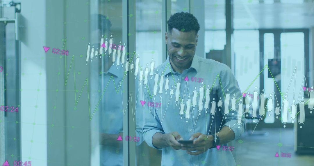 Smiling Businessman Utilizing Mobile Phone with Digital Graphs