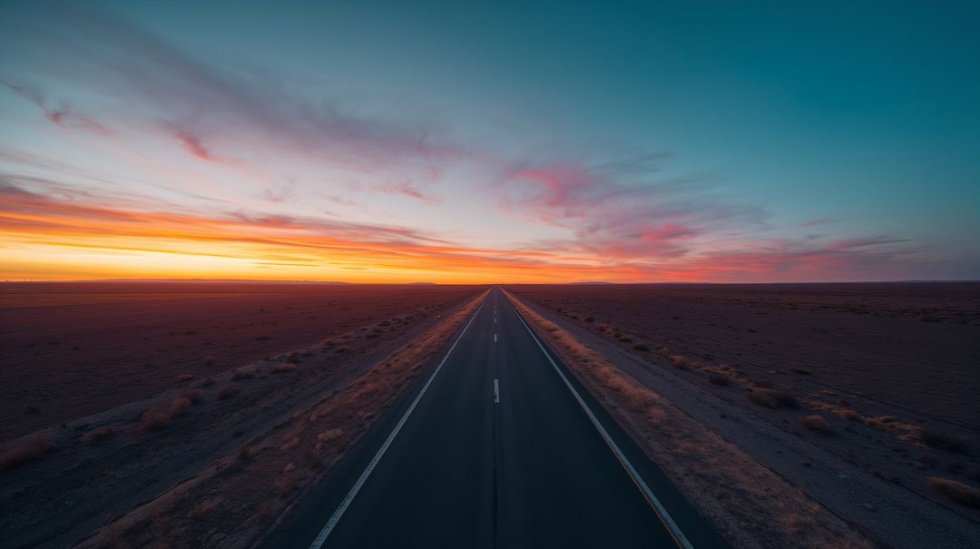 Endless Desert Highway at Dawn with Vibrant Teal and Orange Sky