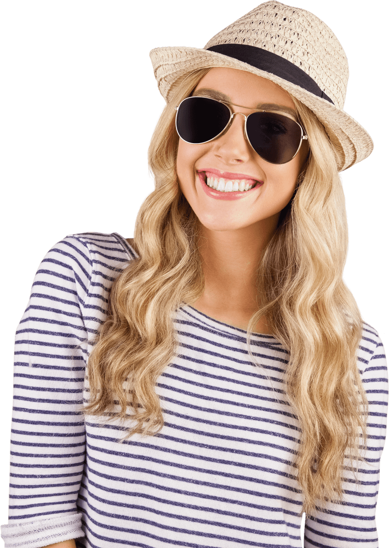 Smiling Woman with Hat and Sunglasses on Transparent Background