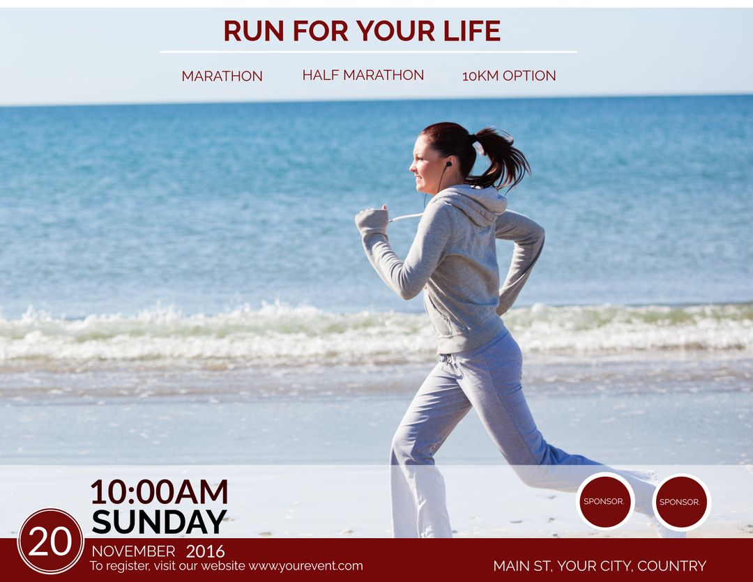 Focused Woman Jogging by Sea Advertising Running Event