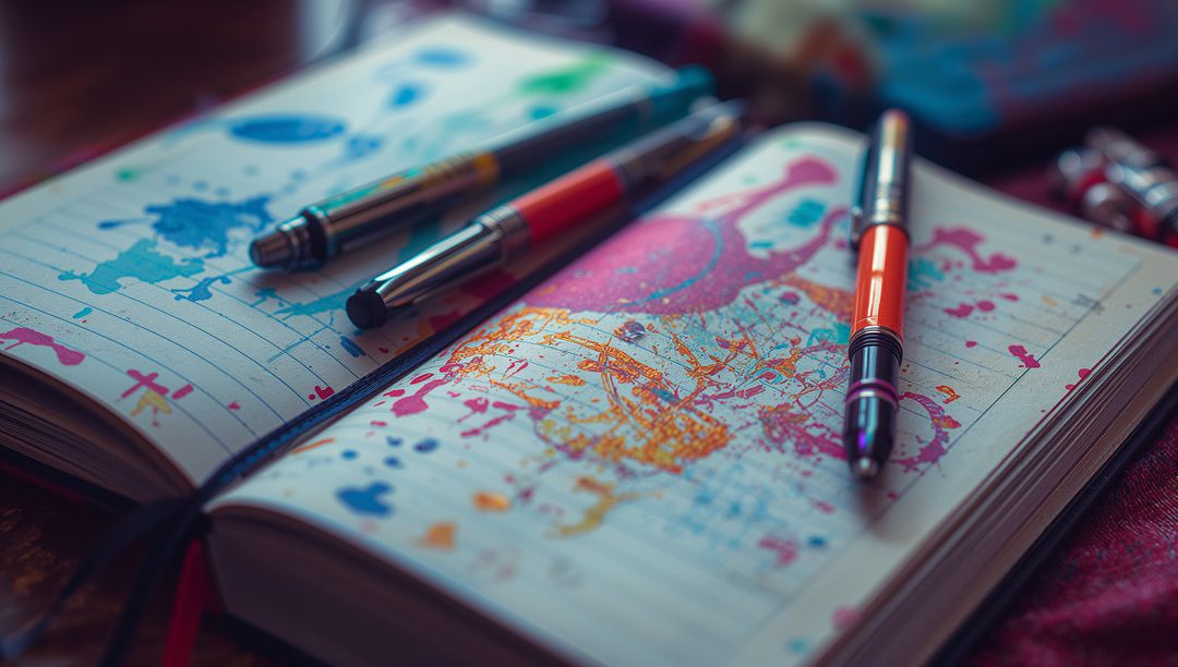 Vibrant Artistic Notebook with Fountain Pens and Ink Splashes