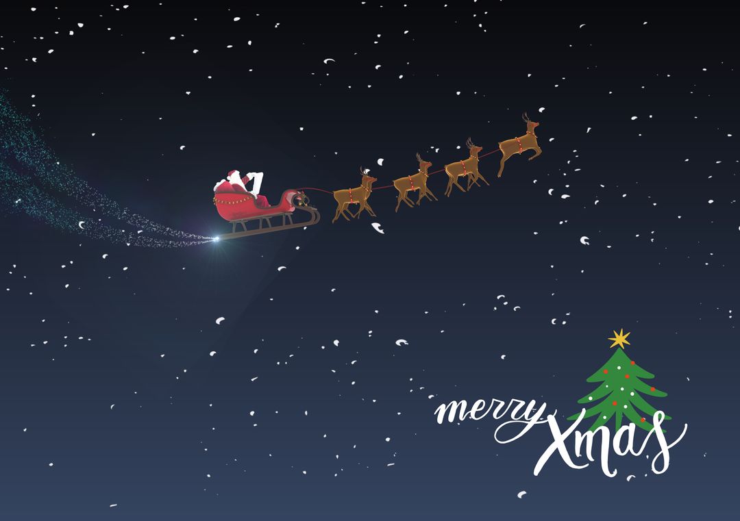 Santa's Sleigh and Reindeer in Night Sky with Merry Xmas Text - Download Free Stock Templates Pikwizard.com