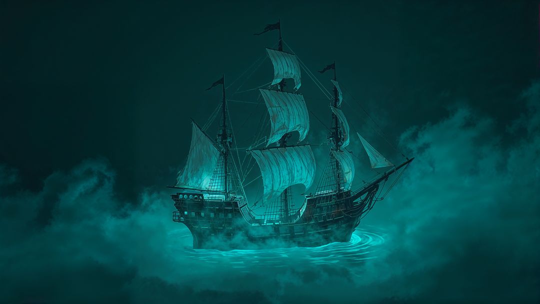 Mysterious teal pirate ship sailing through misty night waters