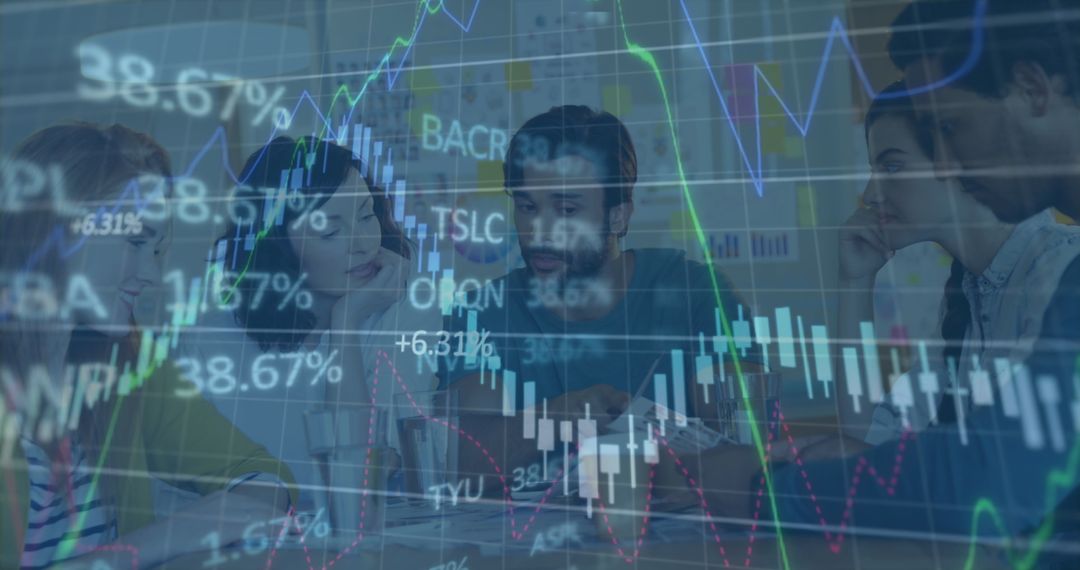 Diverse Team Analyzing Global Financial Data with Stock Market Graphics