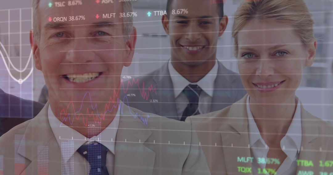 Diverse Business Team with Overlay of Dynamic Stock Market Data