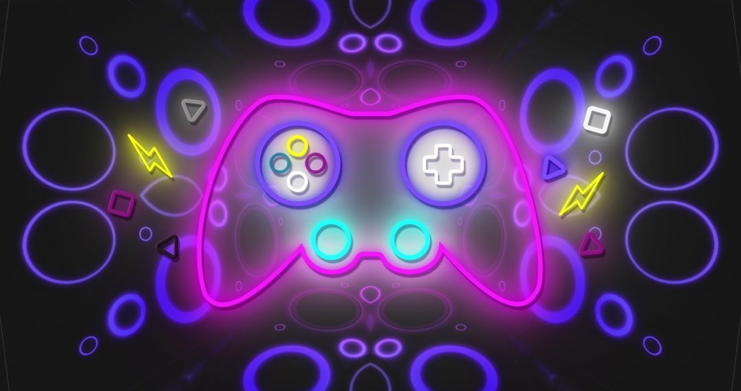 Neon Gaming Controller Amidst Glowing Digital Symbols