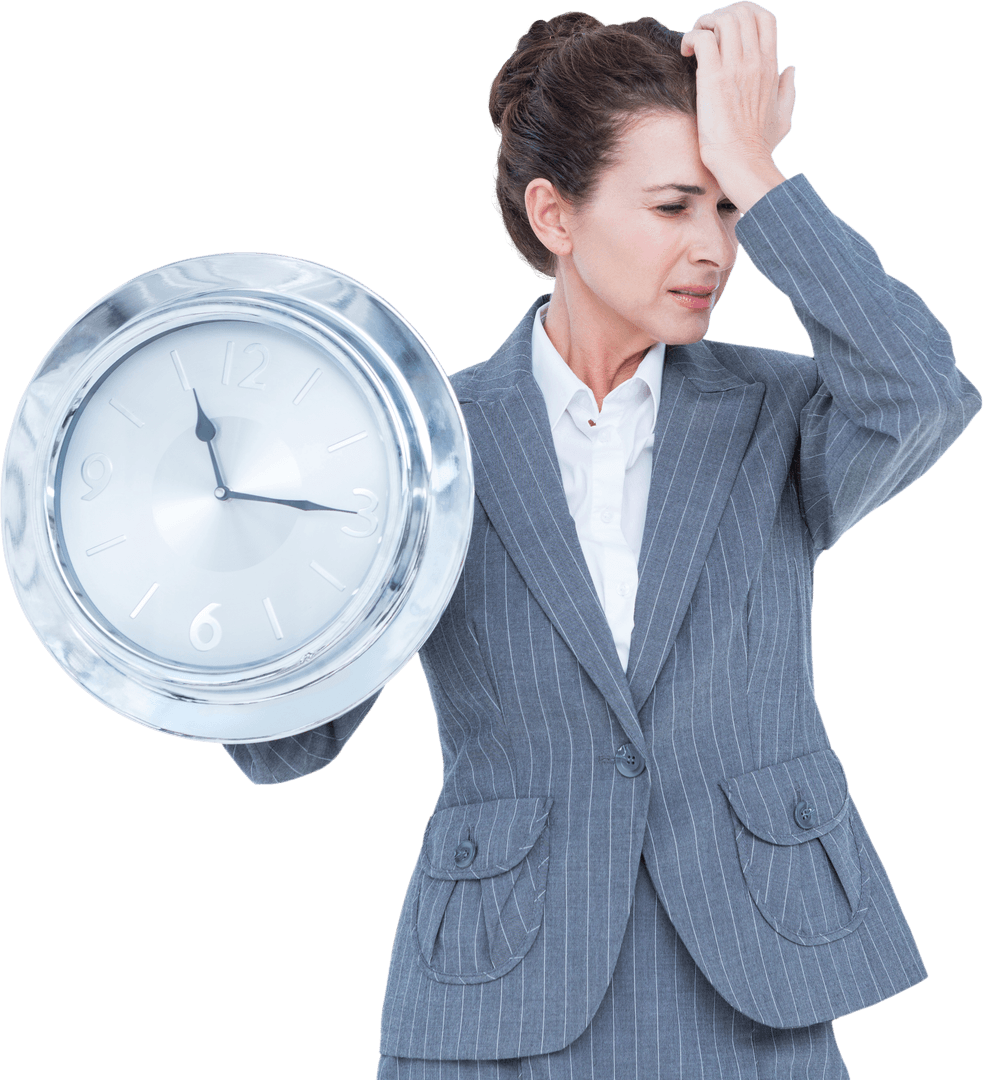 Transparent Businesswoman Holding Wall Clock with Frustrated Expression