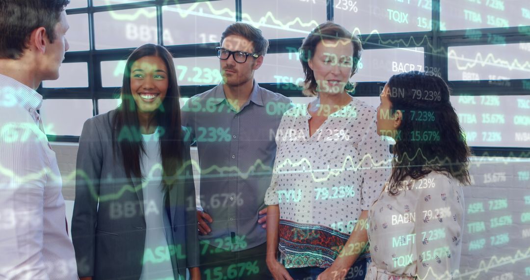 Team Collaborating in Office with Stock Market Data Overlay