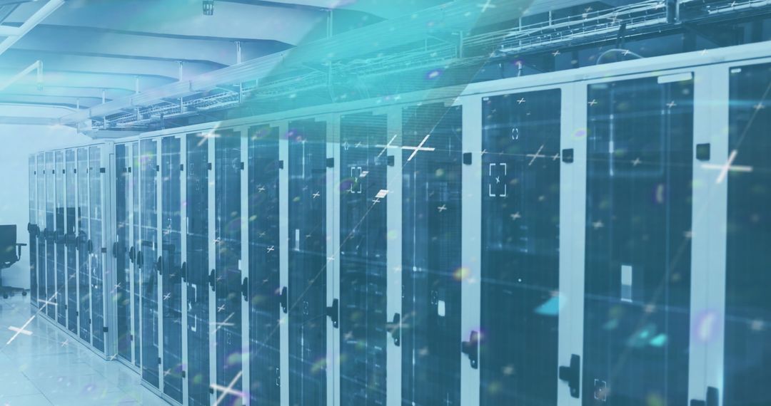Futuristic Digital Overlay on High-Tech Data Center