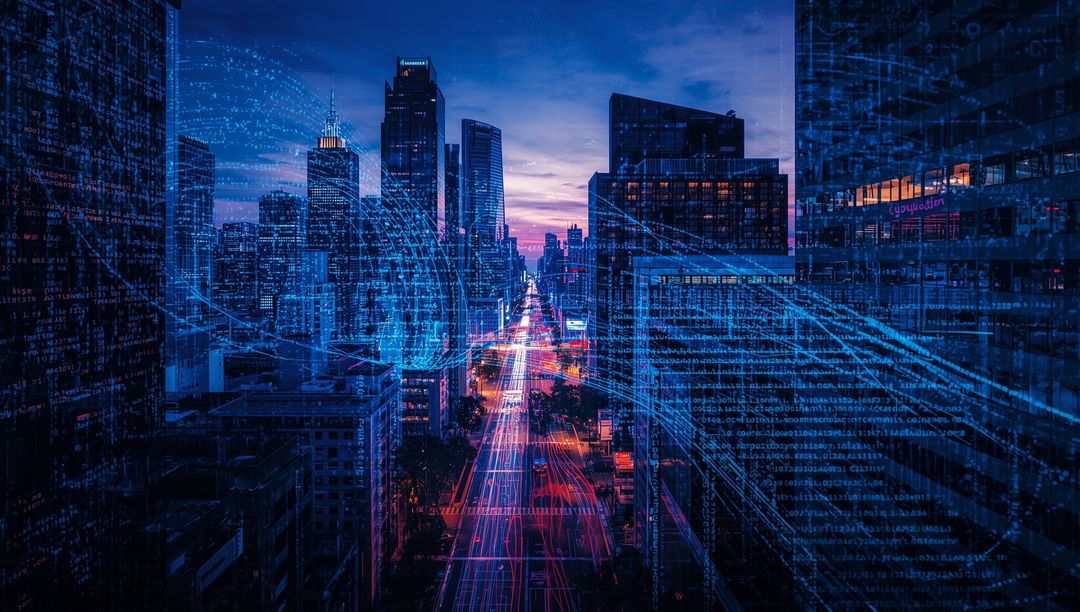 Futuristic Cityscape with Digital Code Patterns